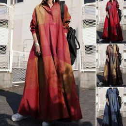 Ethnic Clothing Fashion Cotton Linen Women's Dress Arab Islam Vintage National Style Clothes Muslim Abaya Printed Long-Sleeved Big Swing