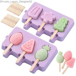 Ice Cream Tools 3-chamber silicone cute fruit and geometric pattern popsicle Mould 50 wooden sticks ice tray easy to demonstrate Q240425