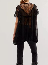 Women's T Shirts Women Lace Blouse Tops Button Down V Neck Short Sleeve Loose Sheer Shirt Billowy See Through Tunic Tee