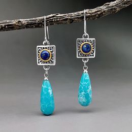 Dangle Earrings Bohemian Antiques Blue Pine Jade Hanging Two Color Thai Silver Lapis Lazuli Water Drop Shape Jewel Wholesale