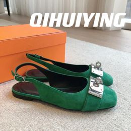 Casual Shoes 2024 QIHUIYING Handmade Real Leather Back-Strap Mary Janes Metal Decora Mules Shallow Mouth Single Willow Plus Size