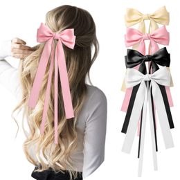 Girls double satin Bows hair clip kids pure Colour long ribbon Bows birthday party hairpins boutique children princess accessories Z7888