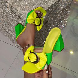 Slippers Fashion Brand Bowtie Thick Heel Open Toe Colour Block Mules Shoes Womens Sandals High Heels Slides 2024