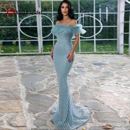 Party Dresses Elegant Light Blue Mermaid Beads Evening Night Dress For Women 2024 Off The Shoulder Pearls Formal Prom Wedding Gowns