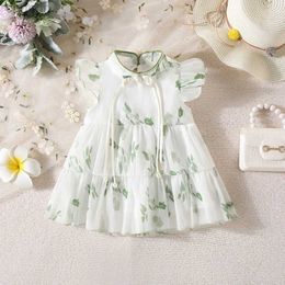 Girl's Dresses Summer New Girl Baby Dress Hand-painted Green Light and Thin Mesh Flower Small Flying Sleeves Chinese Sweet Princess Dress d240425