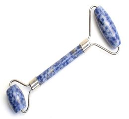 Natural Tumbled Blue Dots Stone Carved Reiki Crystal Healing Gua Sha Beauty Roller Facial Massor Stick with Alloy SilverPlated4817890