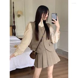 Skirts French Fashion Women Suit 2024 3pcs Set Jacket Vest Pleated Short Skirt Bubble Sleeve Shirt For Commuting Y2k Clothes