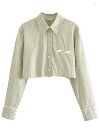 Women's Blouses YENKYE Women Vintage Striped Crop Shirt Long Sleeve Lapel Collar Female Casual Loose Blouse