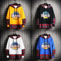 Men's Singleroad Hoodies Autumn Plaid Patchwork Funny Haruku Japanese Streetwear Yellow Hoodie Men Sweatshirt Male 201020