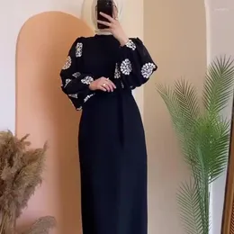 Casual Dresses 2024 Design Print Dress For Women Elegant Autumn Long Woman The Middle East Ladies Puff Sleeves Black Vestidos