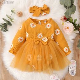 Girl's Dresses Newborn Baby Girl Romper Dress Long Sleeve Flowers Print Tulle Bodysuit Yellow Spring Autumn Dress with Headband Clothes d240425