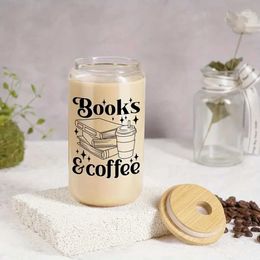 Tumblers Books Coffee Pattern 16oz Drinking Glass With Bamboo Lid And Straw Drink Juice Can Bottle Summer Drinks Cup Gift H240425