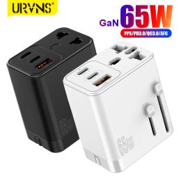 Chargers URVNS 65W GaN Travel Plug Adapter with 2USBC PD and 1USBA Worldwide Universal Charger UK EU AU US Converter for Laptops Phones