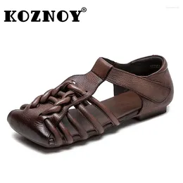 Sandals Koznoy 1.5cm Sandas Weave Genuine Leather Rubber Ankle Hook Flats Breathable Oxfords Women Boots Comfortable Hollow Summer Shoes