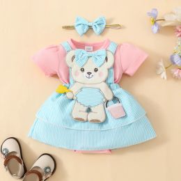 One-Pieces 2 Pcs Baby Sweet Cute Cartoon Bear Short Sleeve Triangle Onesie Striped Skirt Baby Girl Fake Strap Dress Baby Girl on Vacation