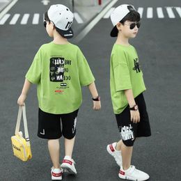 Clothing Sets Summer Casual Boys Loose Alphabet T-Shirt Tops Black Shorts Pant School Kids Tracksuit Children 2PCS Outfit Workout Set 5-14