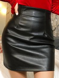 Skirts Women Fashion Solid Color Faux Leather Mini Casual High Waist Pencil Ladies Sexy Elegant Black