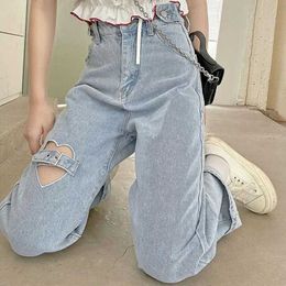 Frauen Jeans Biyaby Herz zerrissen Jeans Frauen koreanische Stil hoher Taille Hellblau gerade Hosen Frau 2024 Trendy Student Weitbein Denimhose 240423