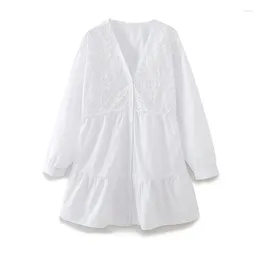 Casual Dresses YENKYE Women Fashion Hollow Out Embroidery White Dress Long Sleeve V Neck Female Shirt Short Vestidos