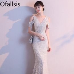 Party Dresses Ofallsis V Neck Sequins Off Shoulder Banquet Evening Dress 2024 Summer Champagne Fishtail Annual Meeting Host Long