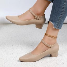 Dress Shoes Spring Women's Heeled Pionted Toe Shallow Chunky Heel Ankle Strap Single For Women Office Ladies Pumps