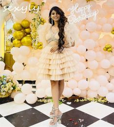 Party Dresses Gorgeous Champagne Short Evening Dress With Ruffles Sleeves Mini Crystal Tiered Prom Elegant Cocktail Dinner