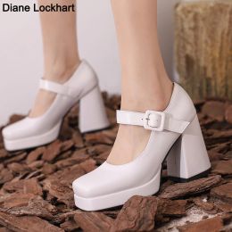 Boots INS Office Lady Brand Square Toe Strappy Block Heel Platform Goth Elegant women's Pumps 2023 Summer Dress Party Footwear