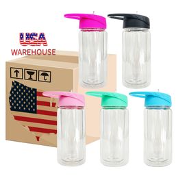 USA warehouse BPA free pre drilled 10oz/15oz double wall PET plastic Acrylic snow globe kids sport water bottle cups tumblers with leakproof lid flip straw and plug