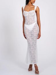 Casual Dresses Women Elegant Lace Maxi Dress Summer See-Through Square Neck Cami Backless Bodycon Long Party