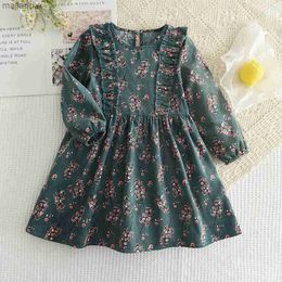 Flickans klänningar Girls Dress 2023 Autumn New Girls Round Neck Ruffled Flower Print Långärmad klänning Barn Fashion Dressl2404