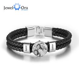 Personalise Men Leather Bracelets with Beads 2-4 Names Charm Po Bangle Stackable Jewellery Gift for Father Dad Grandpa Son 240416