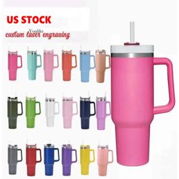 US Stock Oz Hot Pink Stainless Steel Tumblers Mugs Cups Handle Straws Big Capacity Beer Water Bottles Outdoor Camping With Clear Frosted Lids GG