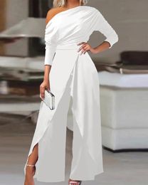 Jumpsuits for Women Elegant Fashion Plain Elegant Office Lady Loose Ruched Cold Shoulder Split Hem Wide Leg Jumpsuit 240424