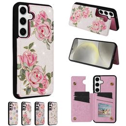 S24 Flower Card Pocket PU Leather Cases For Samsung S24 Ultra S23 Plus S22 S21 FE Fashion Rose Blossoming Holder Kickstand Credit ID Card Slot Pack Phone Back Cover