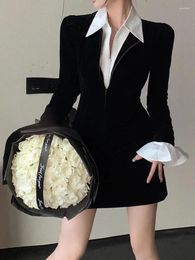 Casual Dresses QWEEK Korean Velvet Shirt Dress Women Kpop Black Elegant Sexy Zipper Bodycon Wrap Y2k Party Short 2024 Spring