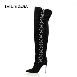 Boots Cutouts Over The Knee Womens Black High Heel Overknee 2024 Woman Pointed Toe Heeled Boot Ladies Fashion Winter Shoes