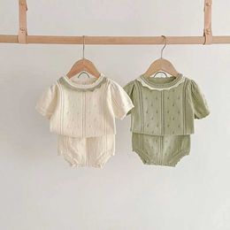 Clothing Sets 2024 Summer Toddler Baby Clothing Set Hollow Out Knit Tee and Shorts 2 Pcs Girls Suit H240425