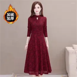 Casual Dresses Add And Thickened Long Sleeved Lace Dress Women's Winter 2024 Fashionable Waist Over Knee Skirt With Coat