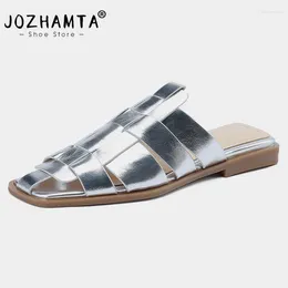 Casual Shoes JOZHAMTA Size 34-39 Women Flats Slides Slippers Real Leather Woven Gladiator Low Heels Summer Home Outdoor Sandals