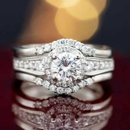 Band Rings Exquisite Silver Colour Inlaid with White Zircon Engagement Fashion Party Wedding Set Women Jewellery H240425