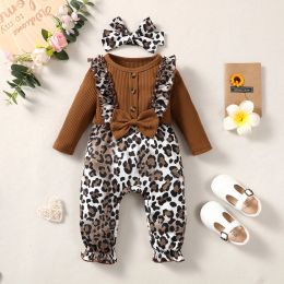 One-Pieces 02yearold newborn baby girl spring and autumn section brown flash button longsleeved leopard print trousers cute onesie