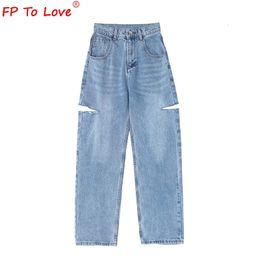 Woman Design Jeans Denim Trousers Spring Autumn Street Style Ripped Cut Full Length High Waist Light Blue Zipper Wide Leg Pants 240412