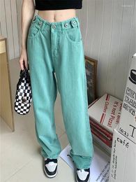 Women's Jeans BButton Design Summer Green Young Girl Street Straight Bottoms Vintage Casual Trousers Female Wide Leg Pant