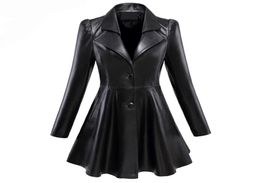 Women039s Leather Faux Leather Women s Jackets Nerazzurri Fit and flare faux leather coat notched lapel long sleeve puff Skirte3544212