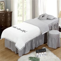 sets 4pcs Hello Beautiful Bedding Sets for Beauty Salon Massage Spa Tassel Embroidery Duvet Cover Bedskirt Colchas Bed Cover Sets