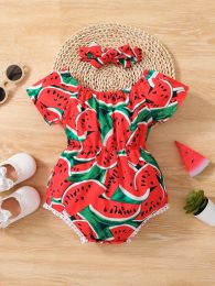 One-Pieces Summer Short sleeved Baby Girls' Watermelon Printed Baby Clothing Bodysuits Onesie+Cute Casual Girl Dress with Headband