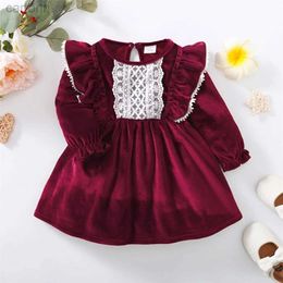 Girl's Dresses Christmas Party Skirt Baby Girl Long Sleeve Ruffle Satin Finish Dress Fashion Holiday Autumn Winter Wear for Kids Girl 0-7 Years d240425