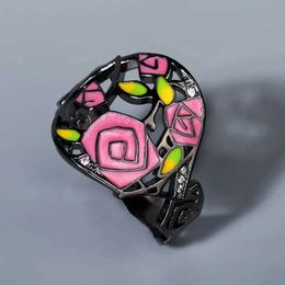 Band Rings 2020 Hot sale Thorns rose ring ladies hand-painted enamel 925 silver flower for women fashion niche jewelry gift H240425