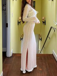 Casual Dresses Women Long Dress Set V-neck Lace Patchwork Slip With Sleeve Tie-up Cardigan