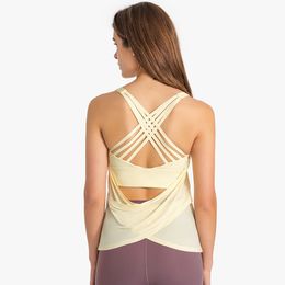 Women Yoga Top Strappy Open Back Workout Athletic Yoga Tank Tops with Built in Bra